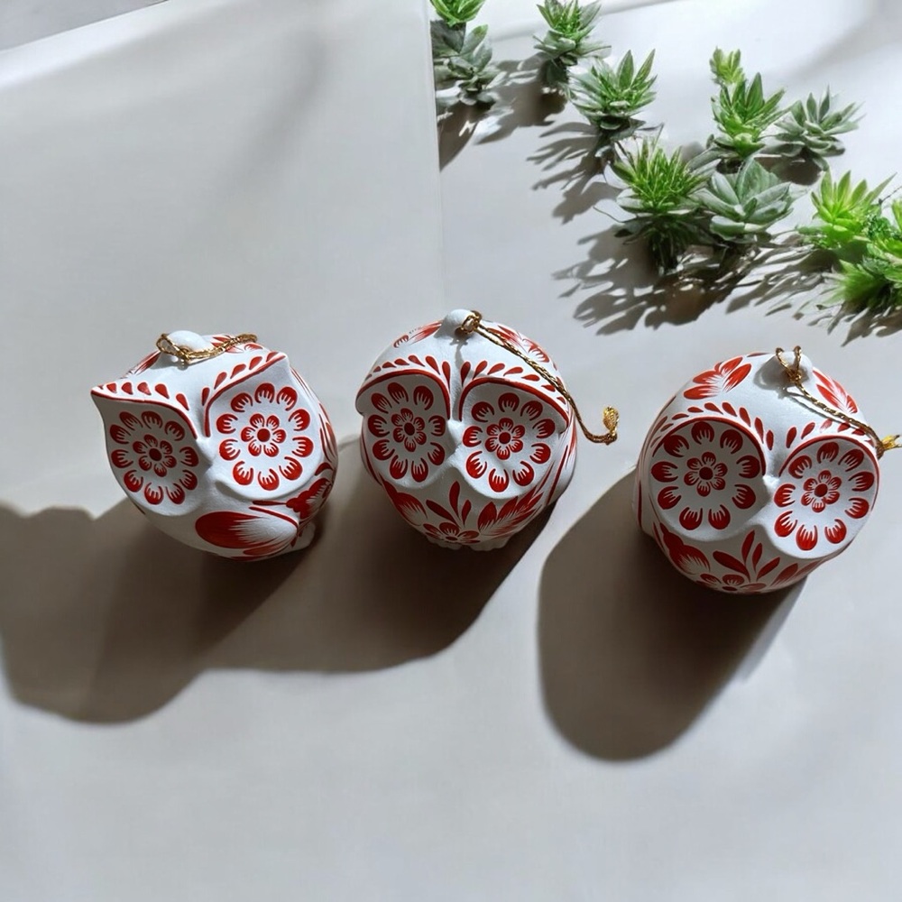 LUX Jolly Owl Ornament Festive Red and White Ornaments Set of 3